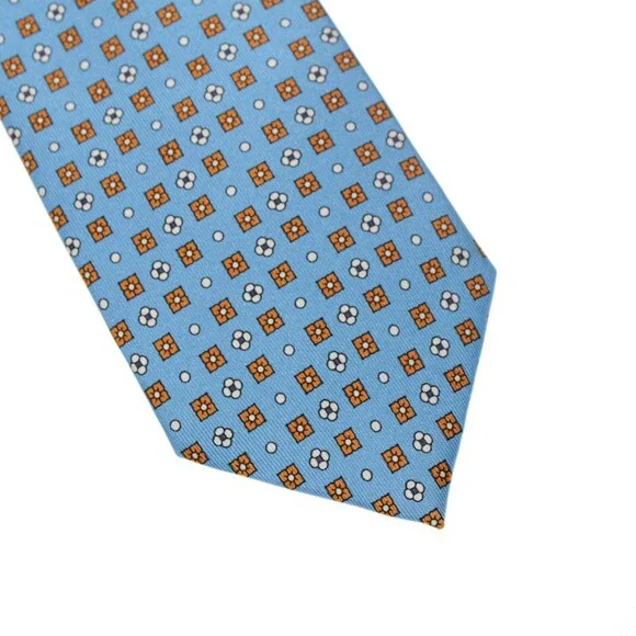 Drake's NWT Neck Tie in Light Blue with Orange/White Geometric Pattern 100% Silk